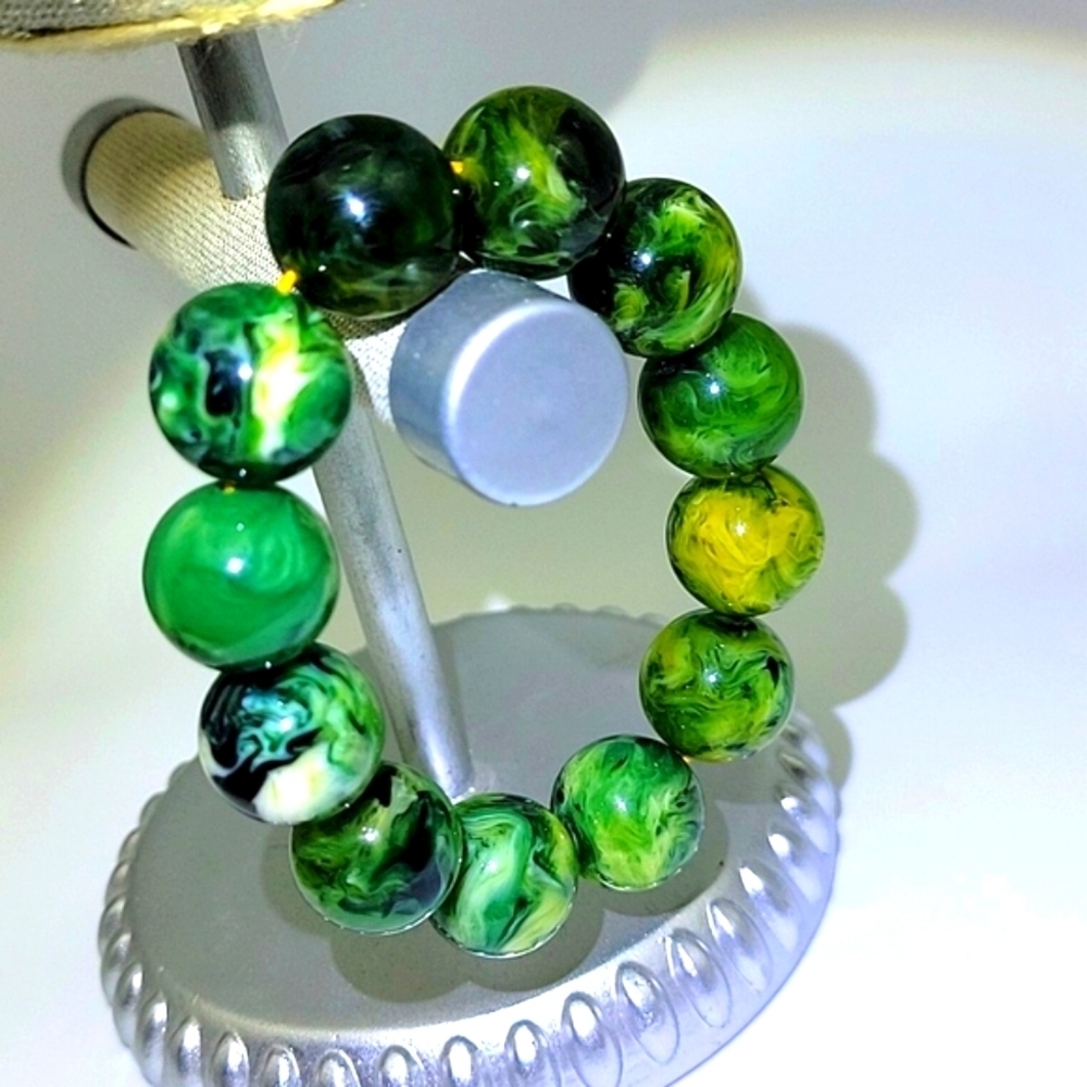 20mm Green Swirl Beeswax Amber Beaded Stretch Bracelet Size 7" Certified Beads